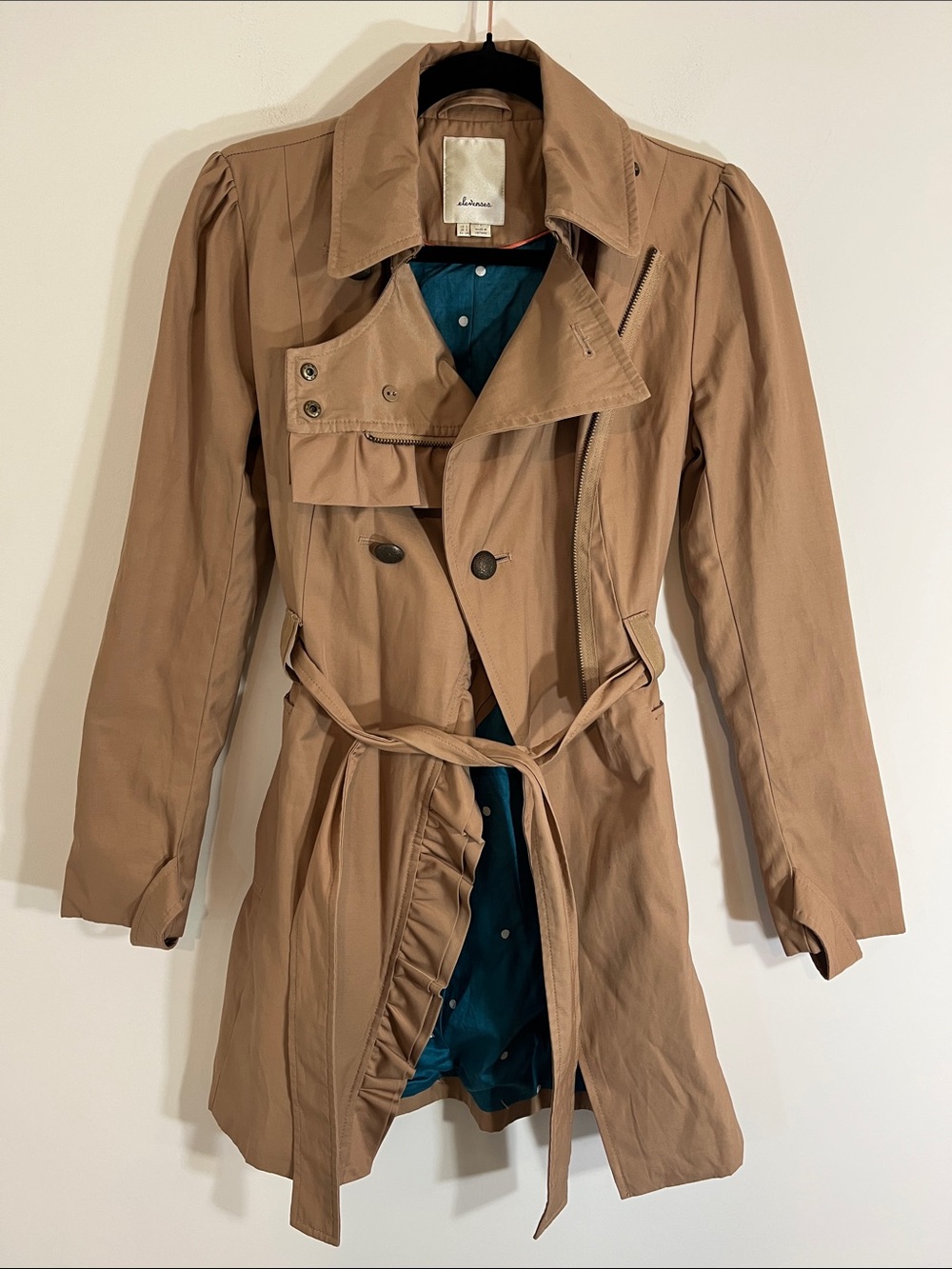 Anthropologie Elevenses Ruffle Double Breasted Belted Trench Coat Camel 2